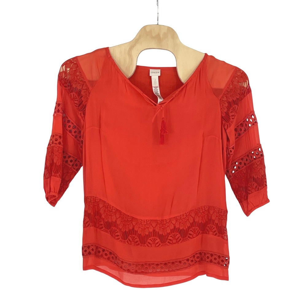 Chico's Women Blouse Boho Size 2 Top Red Lace Crochet Tassel Split Neck